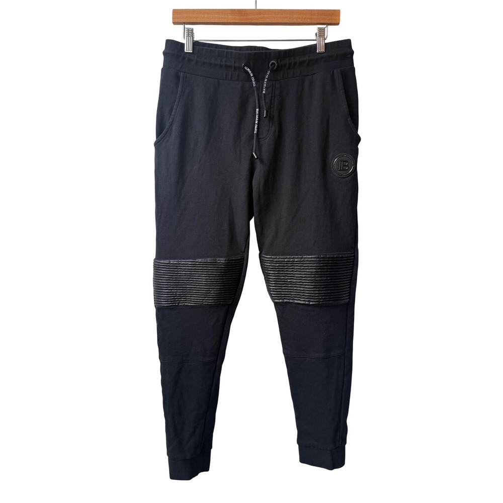 Balmain Mens Black Biker Moto Sweatpants Joggers Size L Drawstring Logo Leather